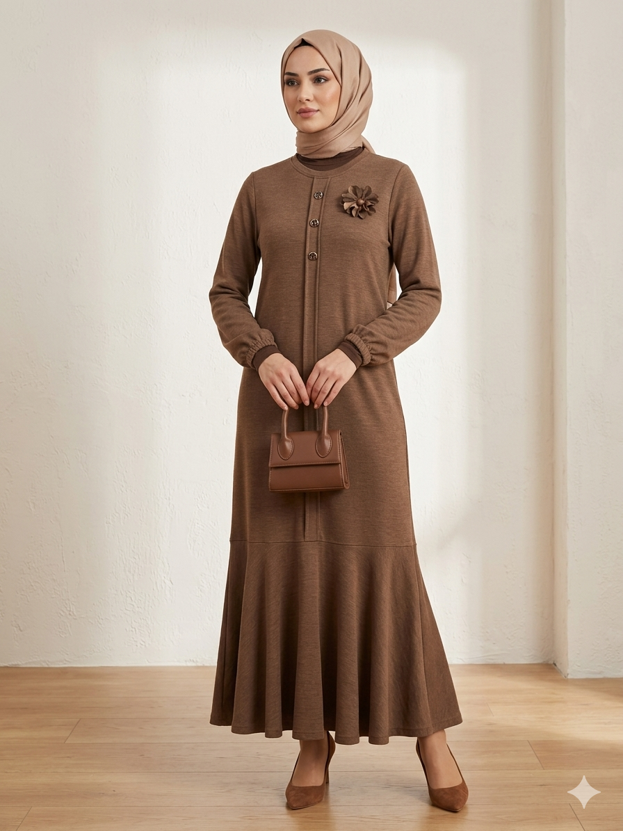 Gül detaylı uzun elbise