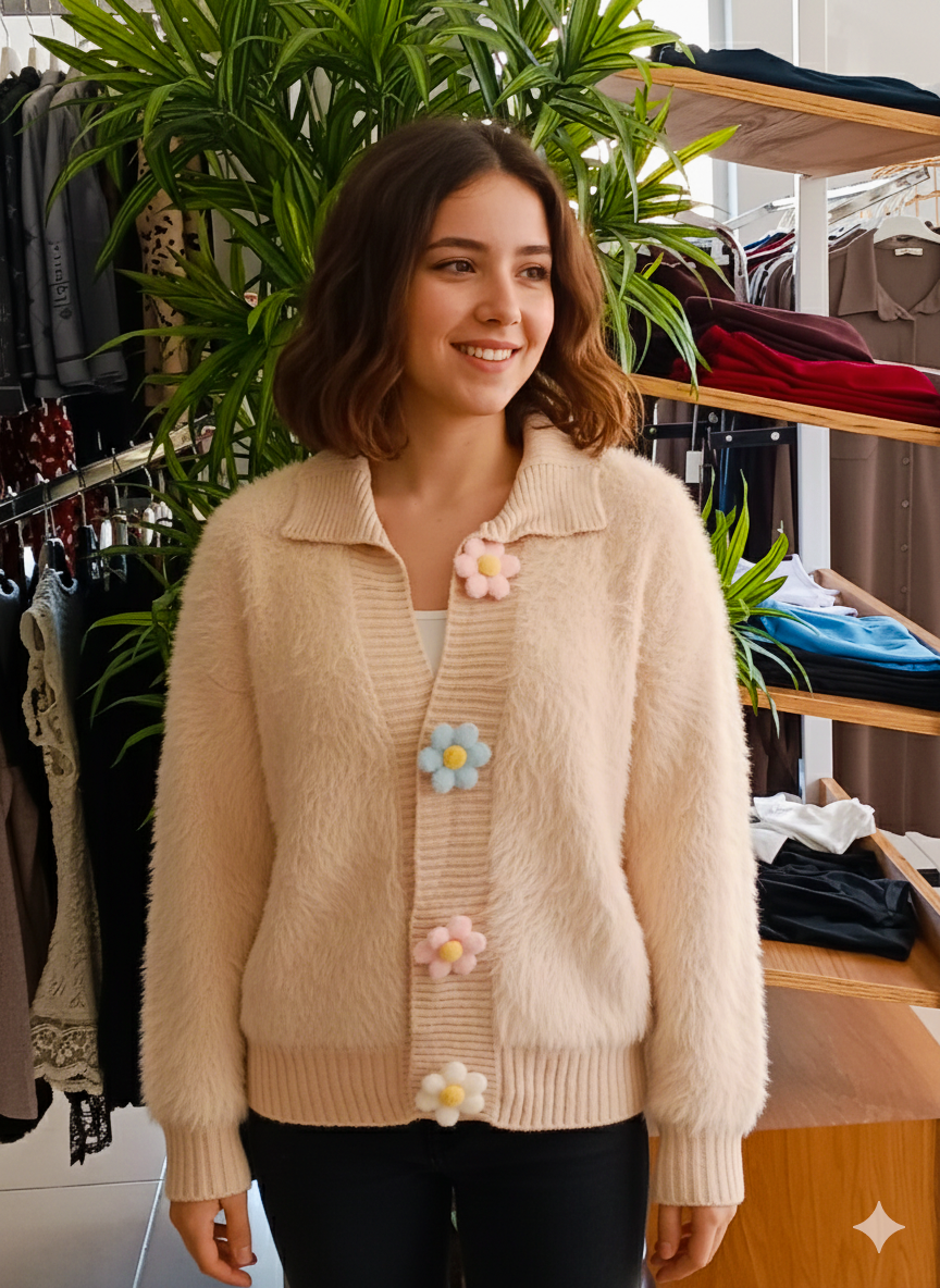 Çiçek düğmeli hırka